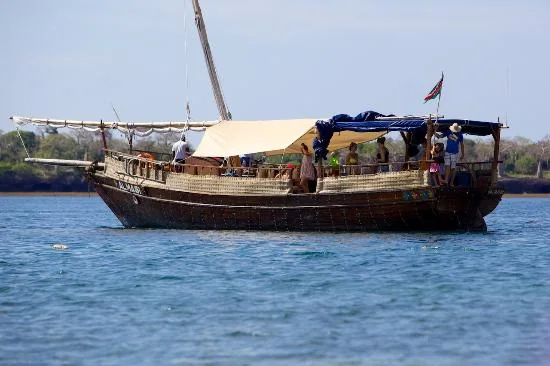 A dhow under sail on a snorkelling safari